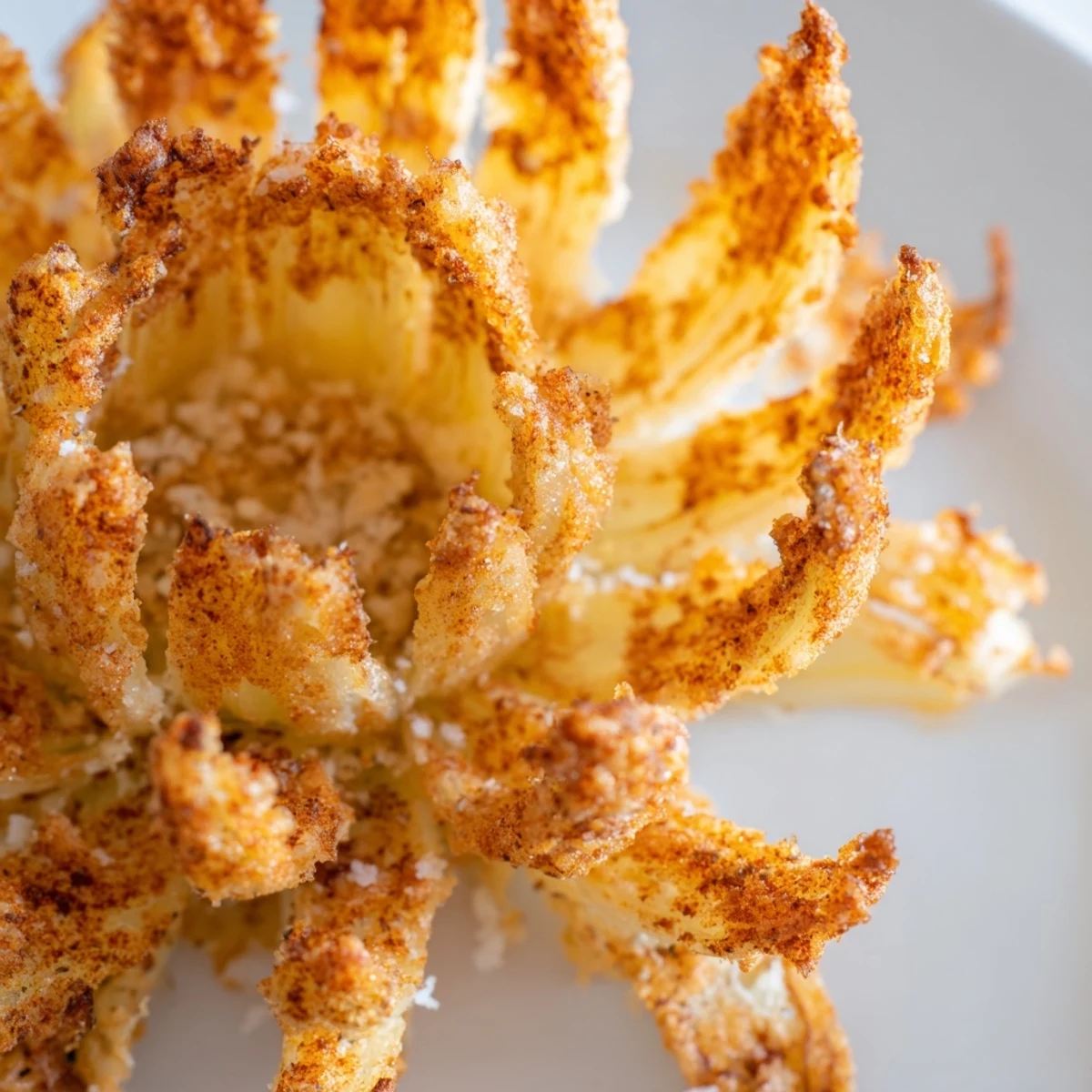 Deep-fried mini bloomin onions with crunchy paprika-spiced petals on a platter