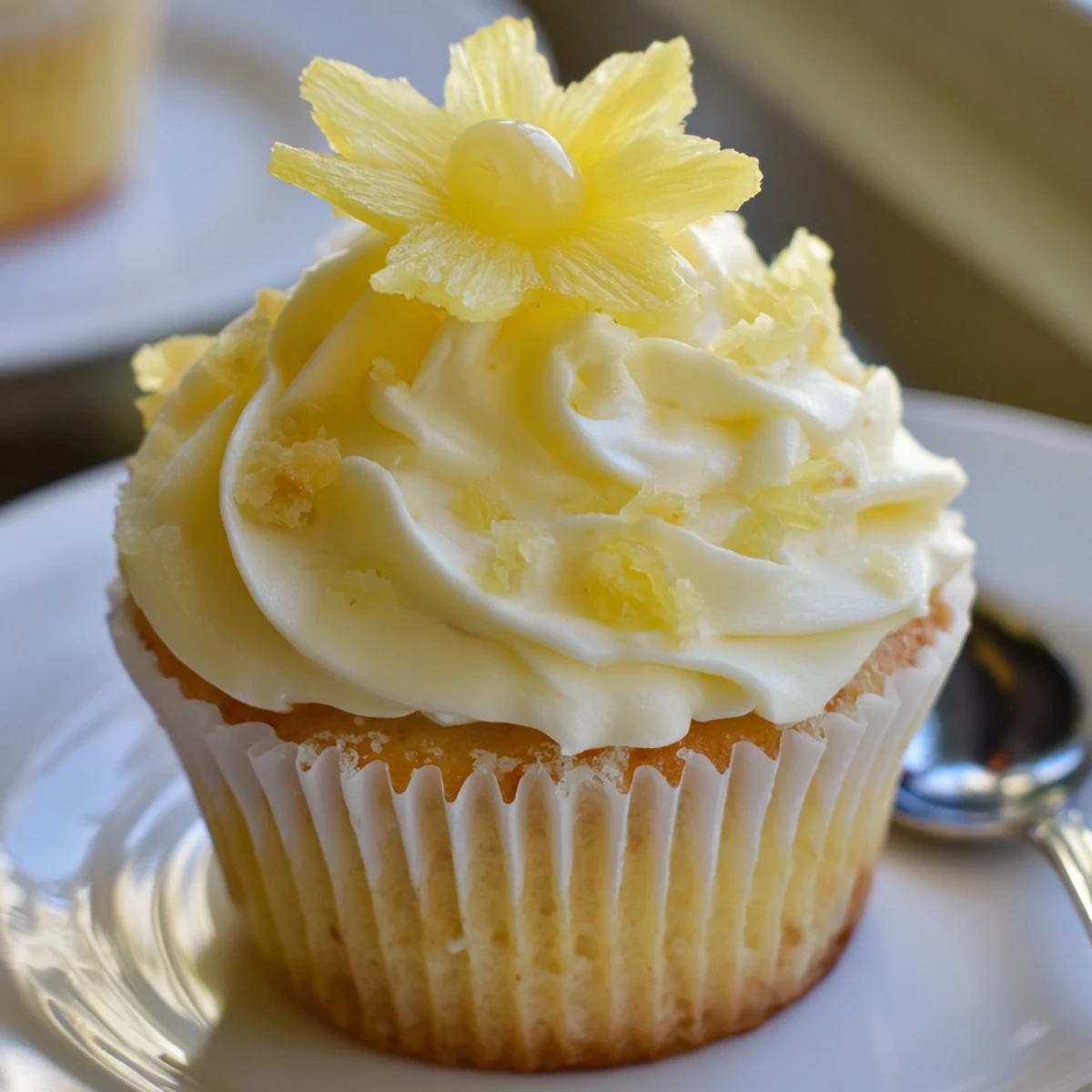 Bright Dole Whip Cupcakes Recipe plated with maraschino cherry and dried pineapple.
