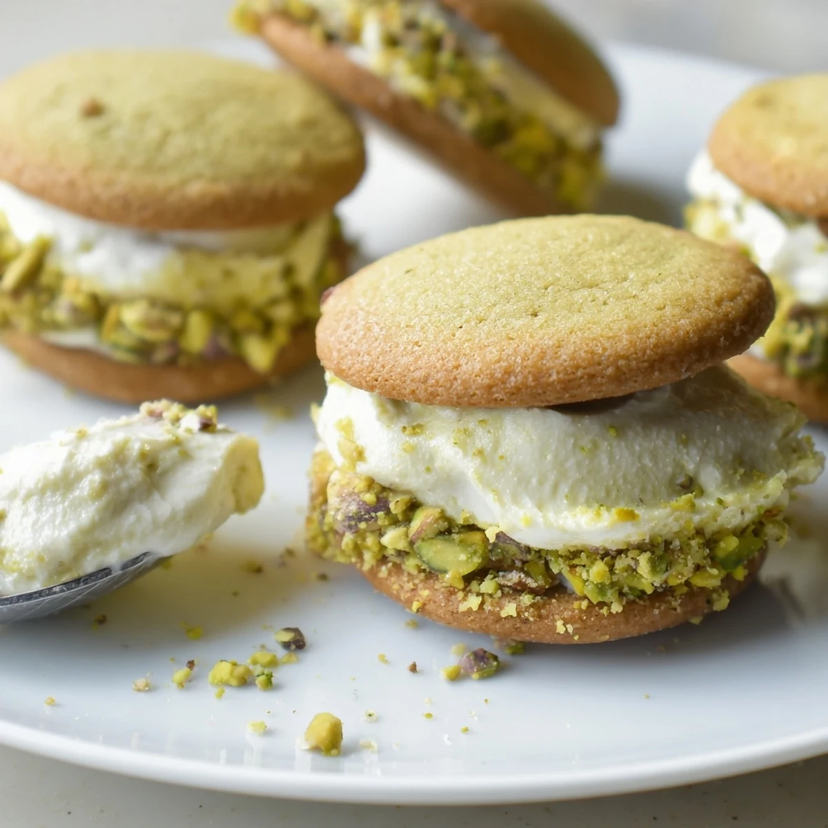 Homestyle Pistachio Cream Cookies stacked on a plate, nutty aroma and delicate crumb