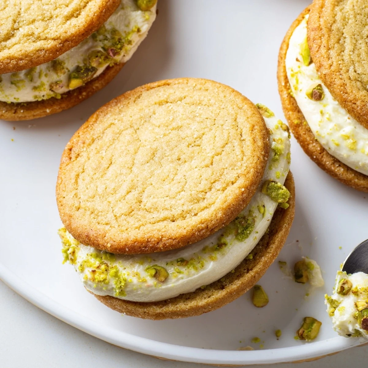 Buttery Pistachio Cream Cookies, creamy white chocolate pistachio center cooling on a rack