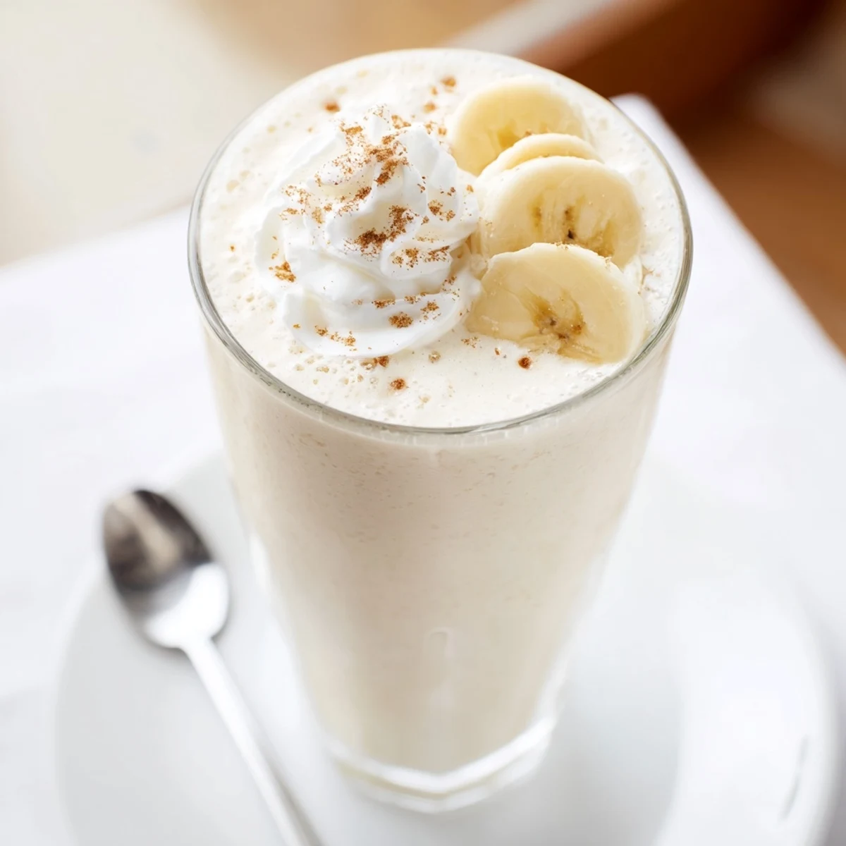 Creamy Vanilla Banana Shake poured into chilled glass with frothy top