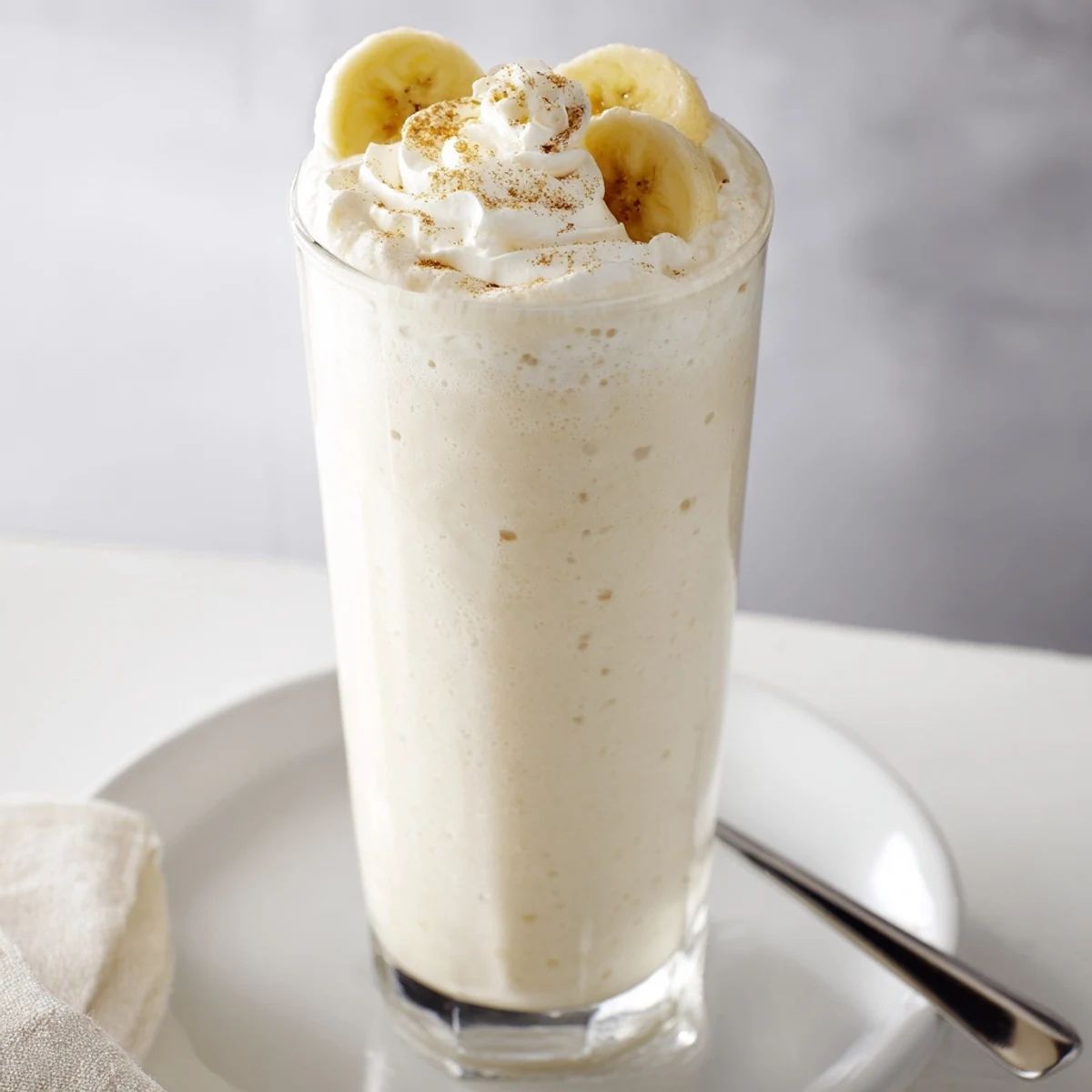 Thick Vanilla Banana Shake blended with maple syrup, ice, ready to sip