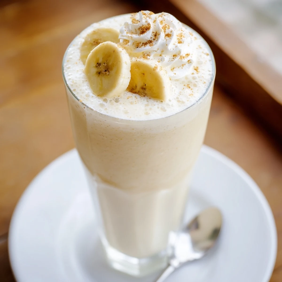 Cold Vanilla Banana Shake garnished with banana slices and cinnamon sprinkle