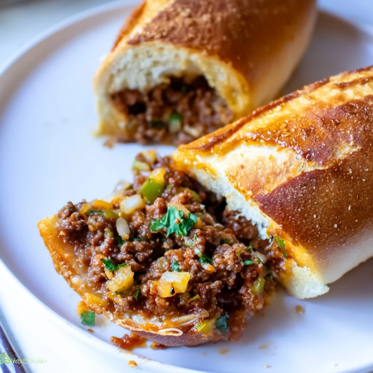 Garlic Bread Sloppy Joes piled on a cutting board, steaming, gooey cheese.  