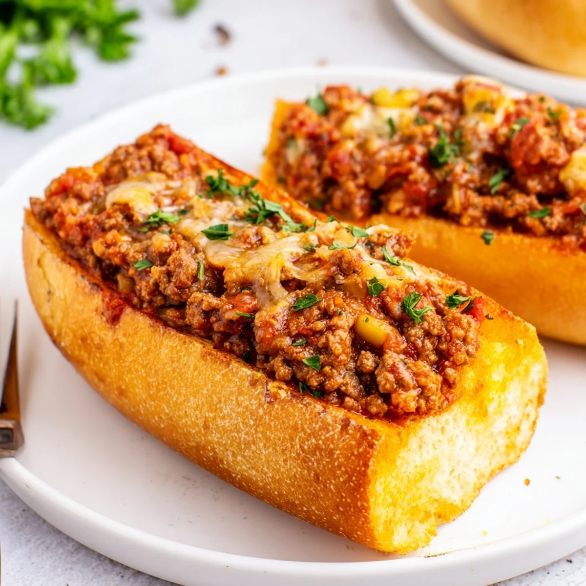 Warm Garlic Bread Sloppy Joes sliced into portions, buttery crust, savory beef.  