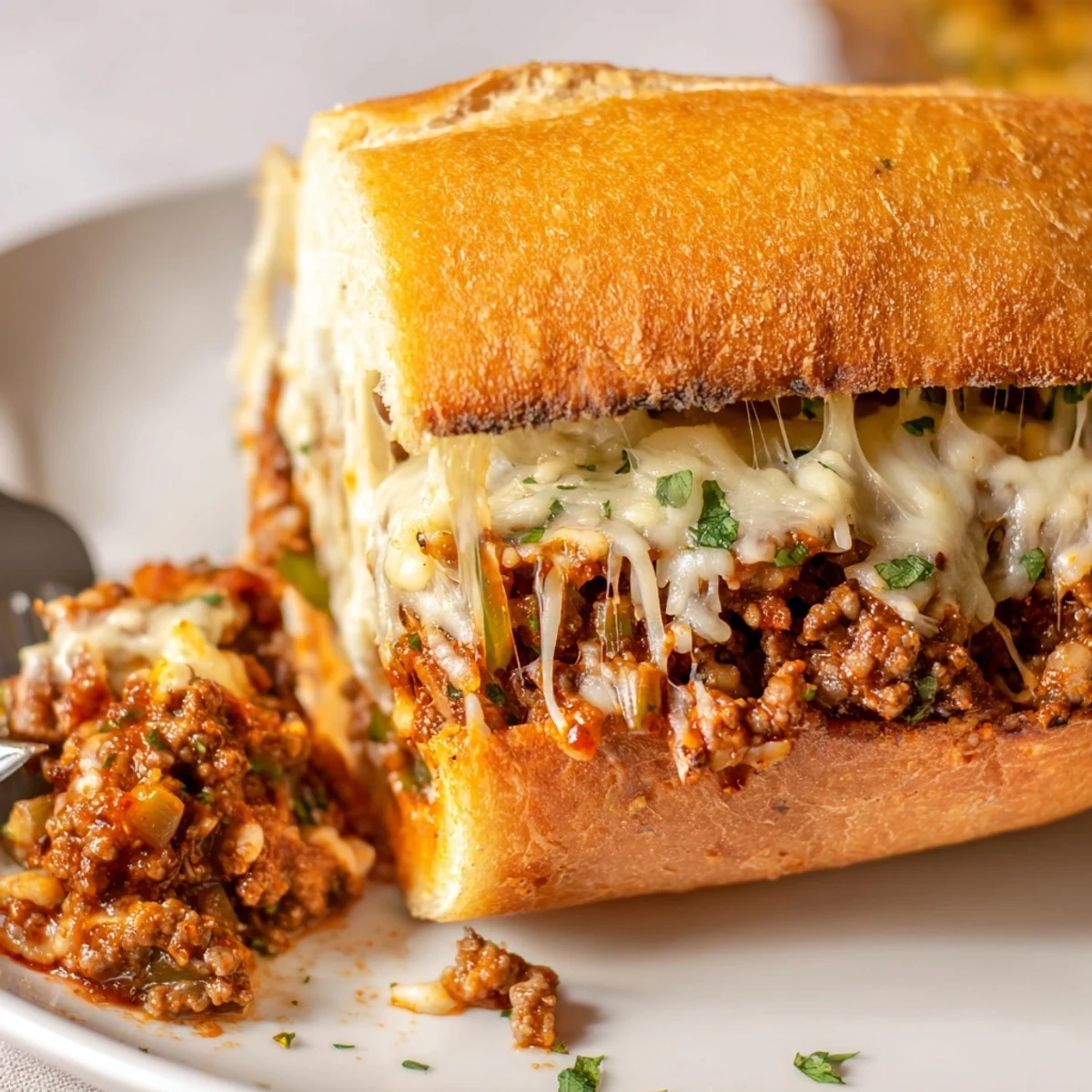 Oven-browned Garlic Bread Sloppy Joes oozing melted mozzarella, served with coleslaw.
