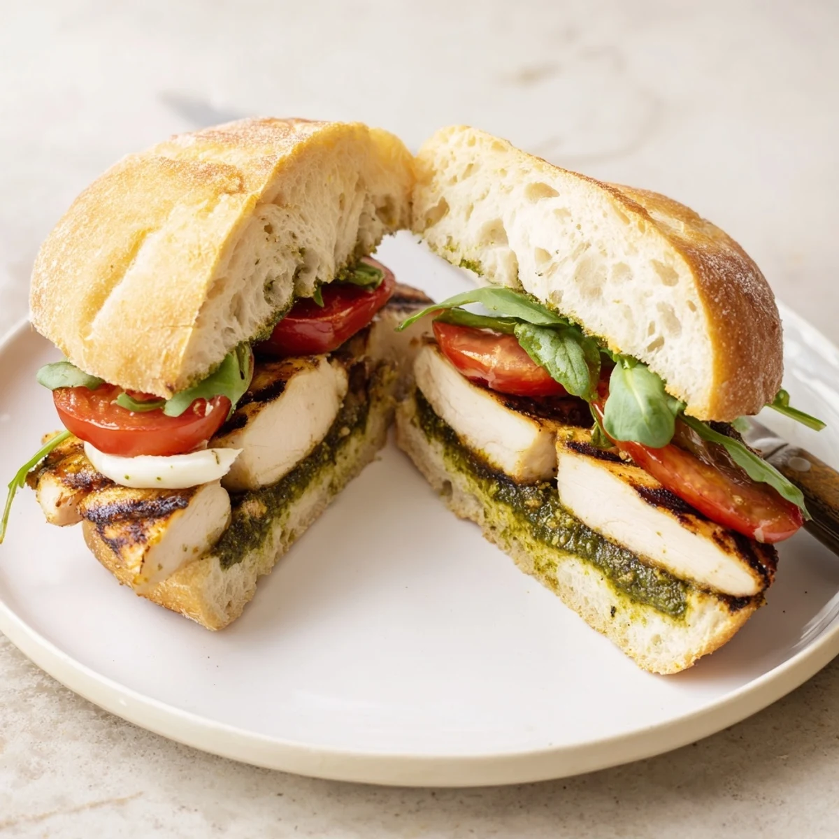 Chicken Pesto Sandwich with grilled golden chicken, melted mozzarella, ripe tomato
