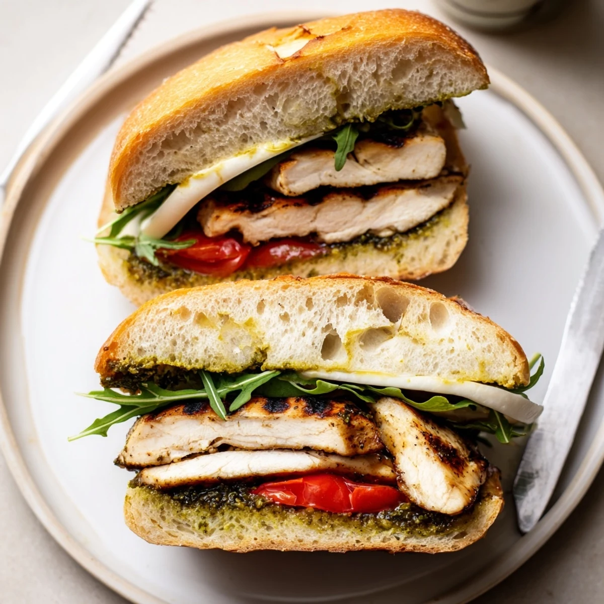 Warm Chicken Pesto Sandwich on toasted ciabatta, peppery arugula, savory bite