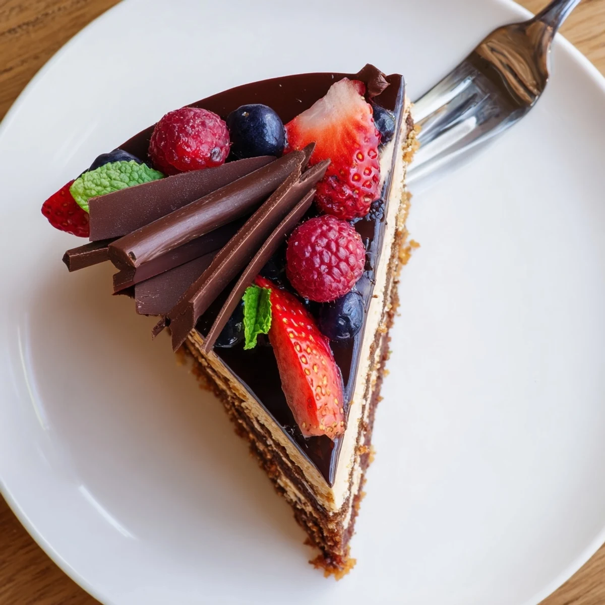 The Ultimate Dessert Recipe layered with glossy ganache, vanilla cream, and berries.