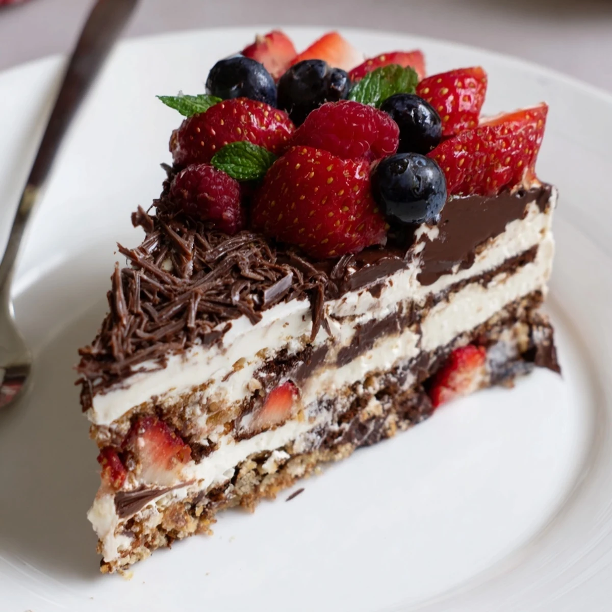 Slice of The Ultimate Dessert Recipe on plate, chocolate shavings and mint.
