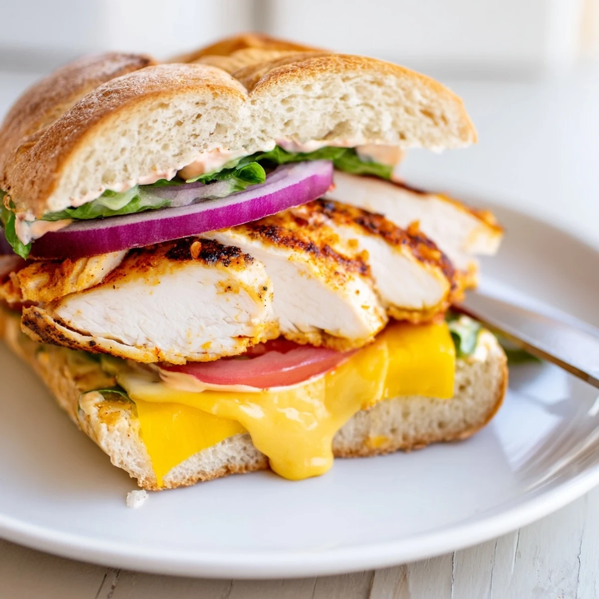 Grilled Spicy Chicken Sandwich With Creamy Sauce on toasted bun, juicy.  