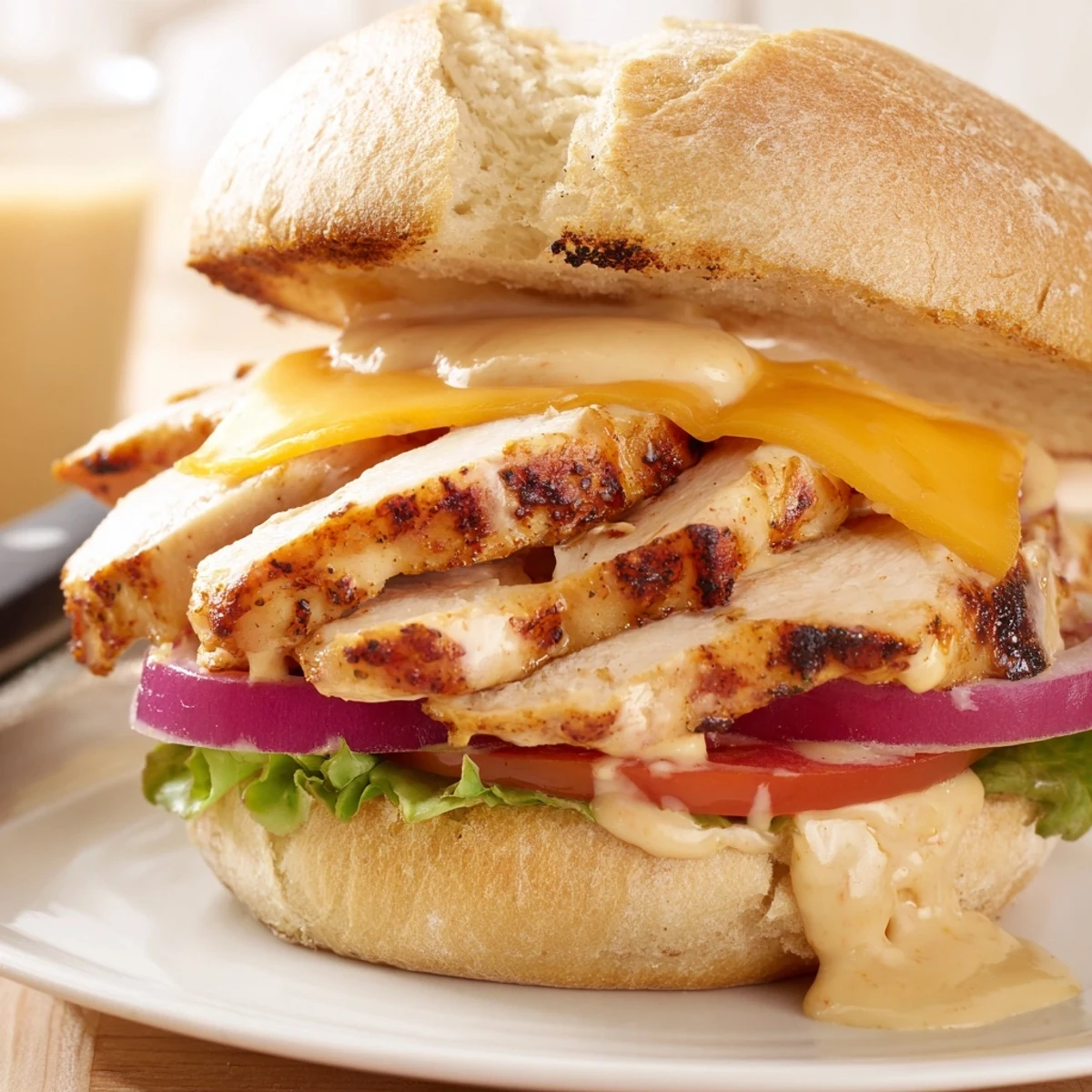 Crispy pan-seared Spicy Chicken Sandwich With Creamy Sauce, zesty tang and crunchy onions