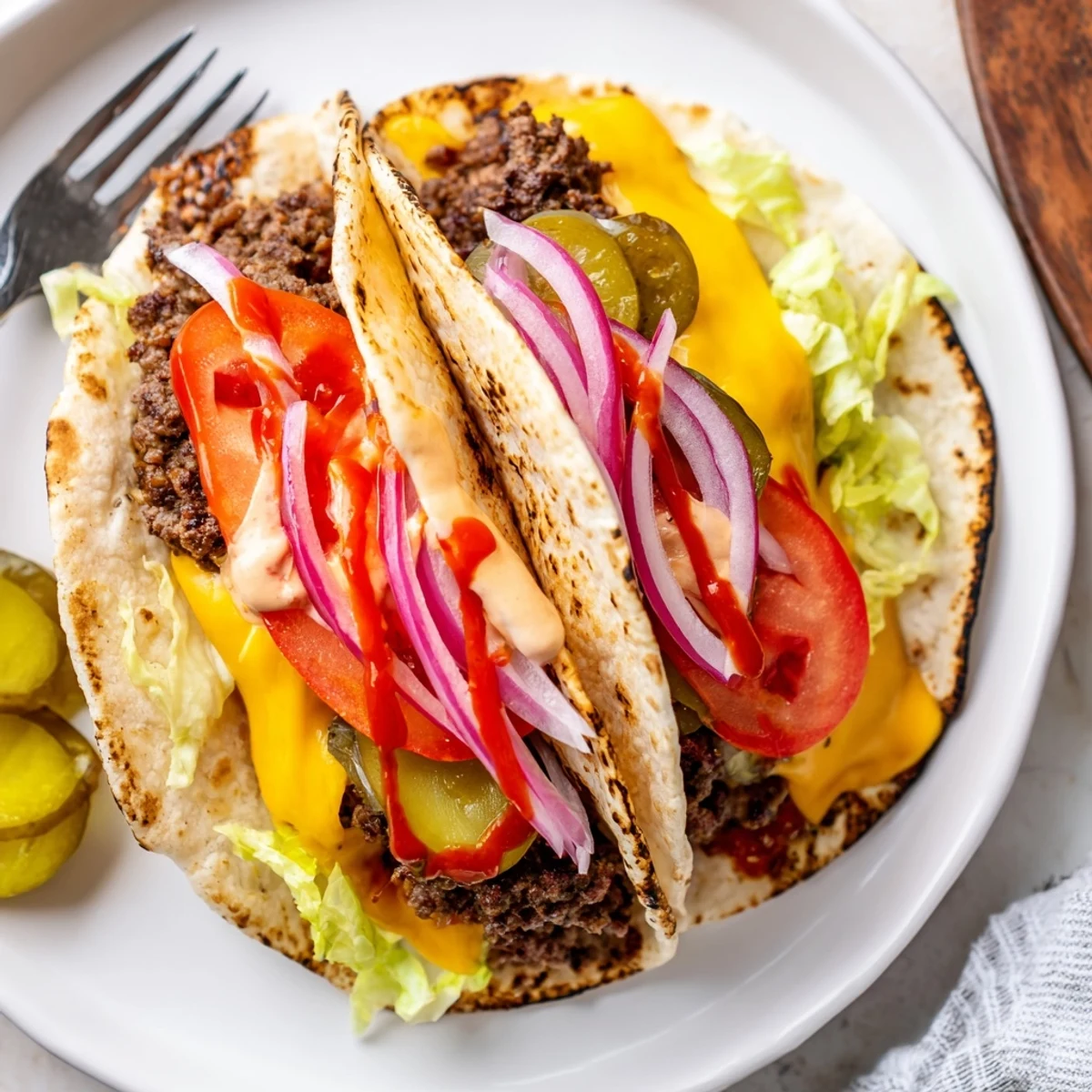 Smash Burger Tacos recipe sizzling on a griddle, edges caramelized