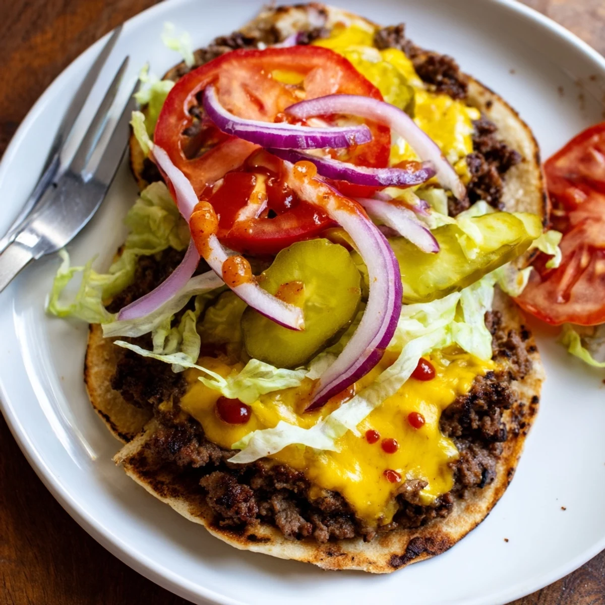 Smash Burger Tacos folded with crunchy lettuce, pickles, and burger sauce