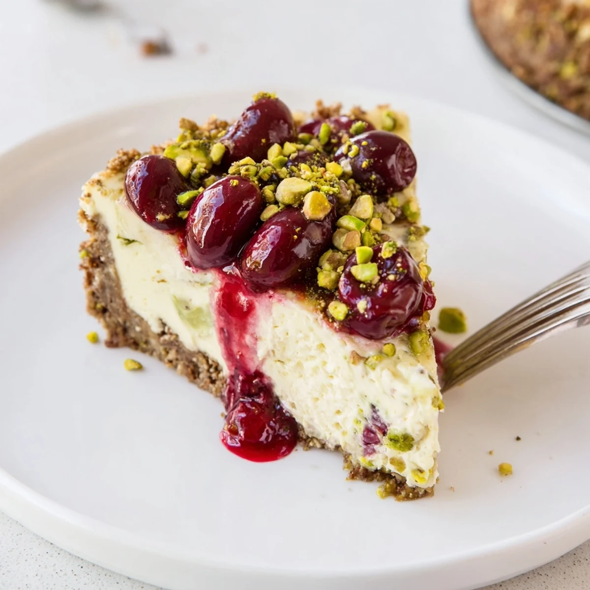 Lemon Lime Cherry Pistachio Cheesecake with glossy cherry topping and crunchy pistachios