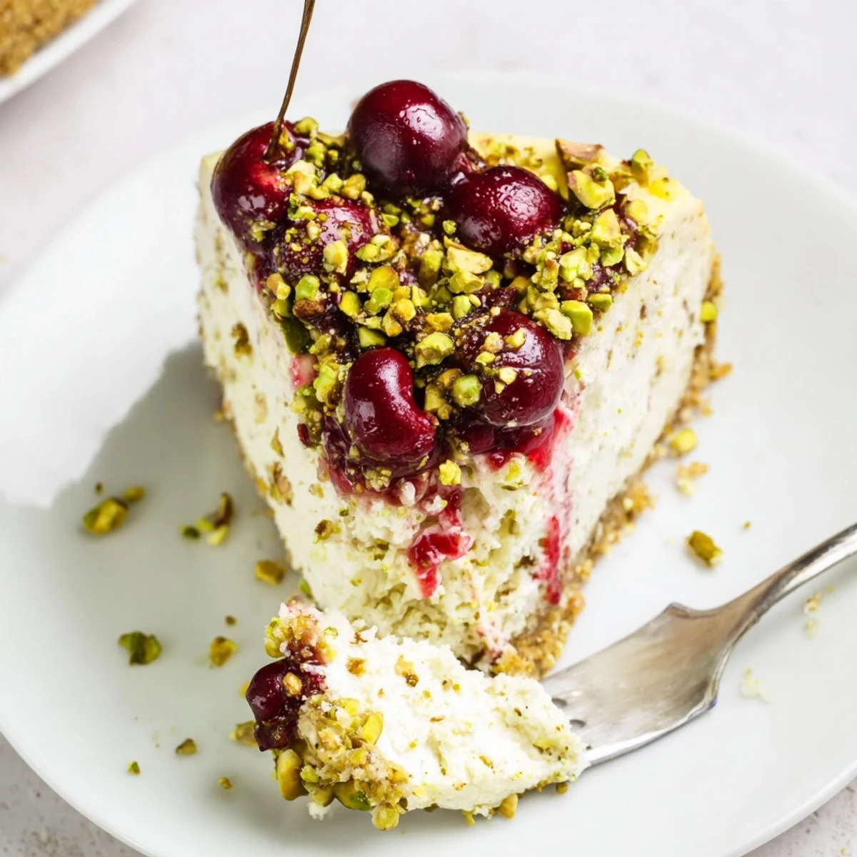 Chilled Lemon Lime Cherry Pistachio Cheesecake sliced on plate beside sparkling lemonade