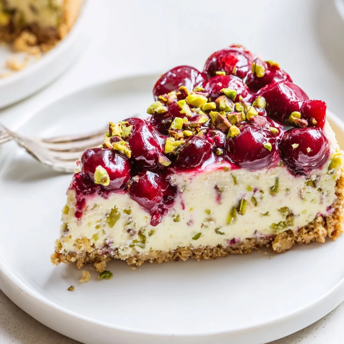 Slice of Lemon Lime Cherry Pistachio Cheesecake showing zesty, creamy interior and cherries