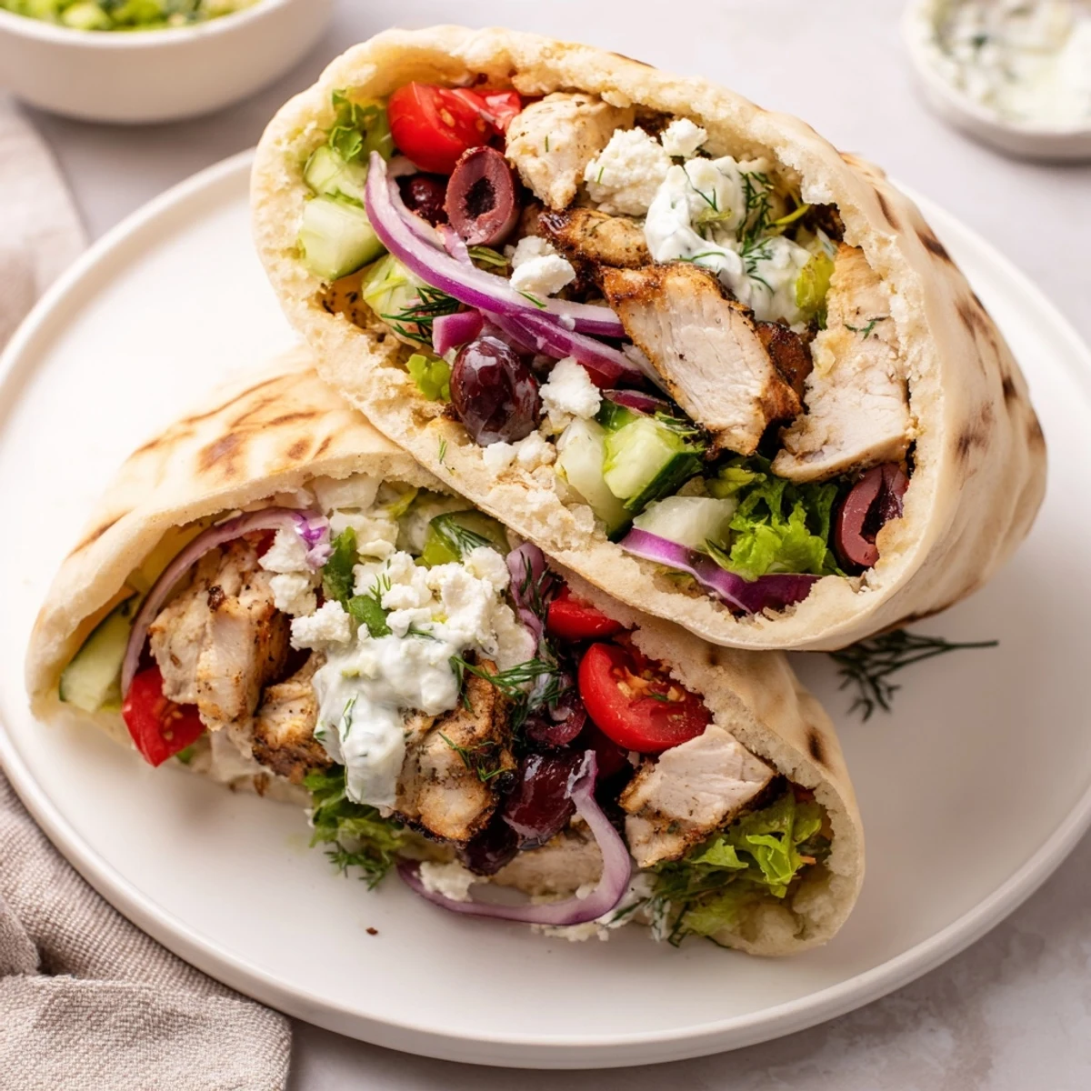 Mediterranean Chicken Pita Wraps with charred grilled chicken, creamy yogurt sauce, fresh greens
