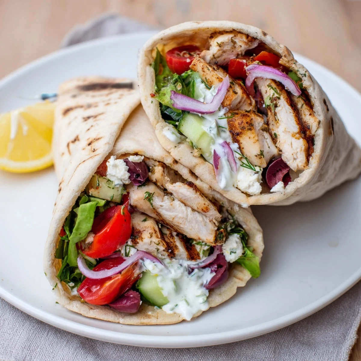 Warm Mediterranean Chicken Pita Wraps stuffed with crisp cucumbers, tomatoes, and feta