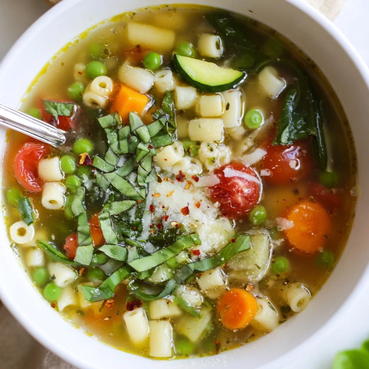 Spring Minestrone Soup Recipe steaming in bowl with vibrant vegetables, basil.
