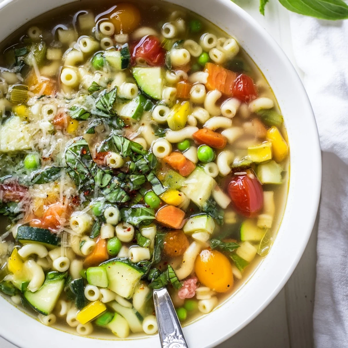 Ladle pouring Spring Minestrone Soup Recipe into bowl, Parmesan sprinkled.