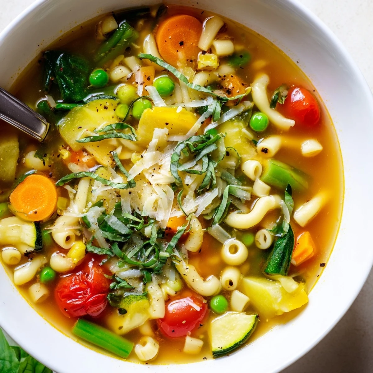 Spring Minestrone Soup Recipe served with crusty bread, fresh herbs, warm aroma.