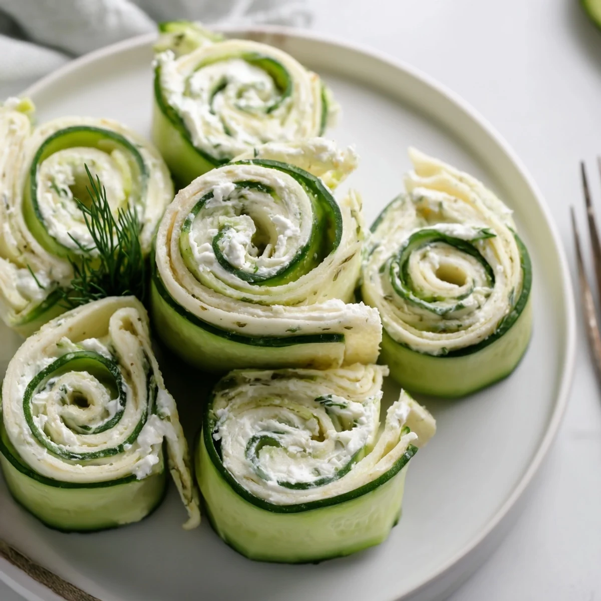 Cucumber And Dill Pinwheels on platter, cool cream cheese and fresh dill