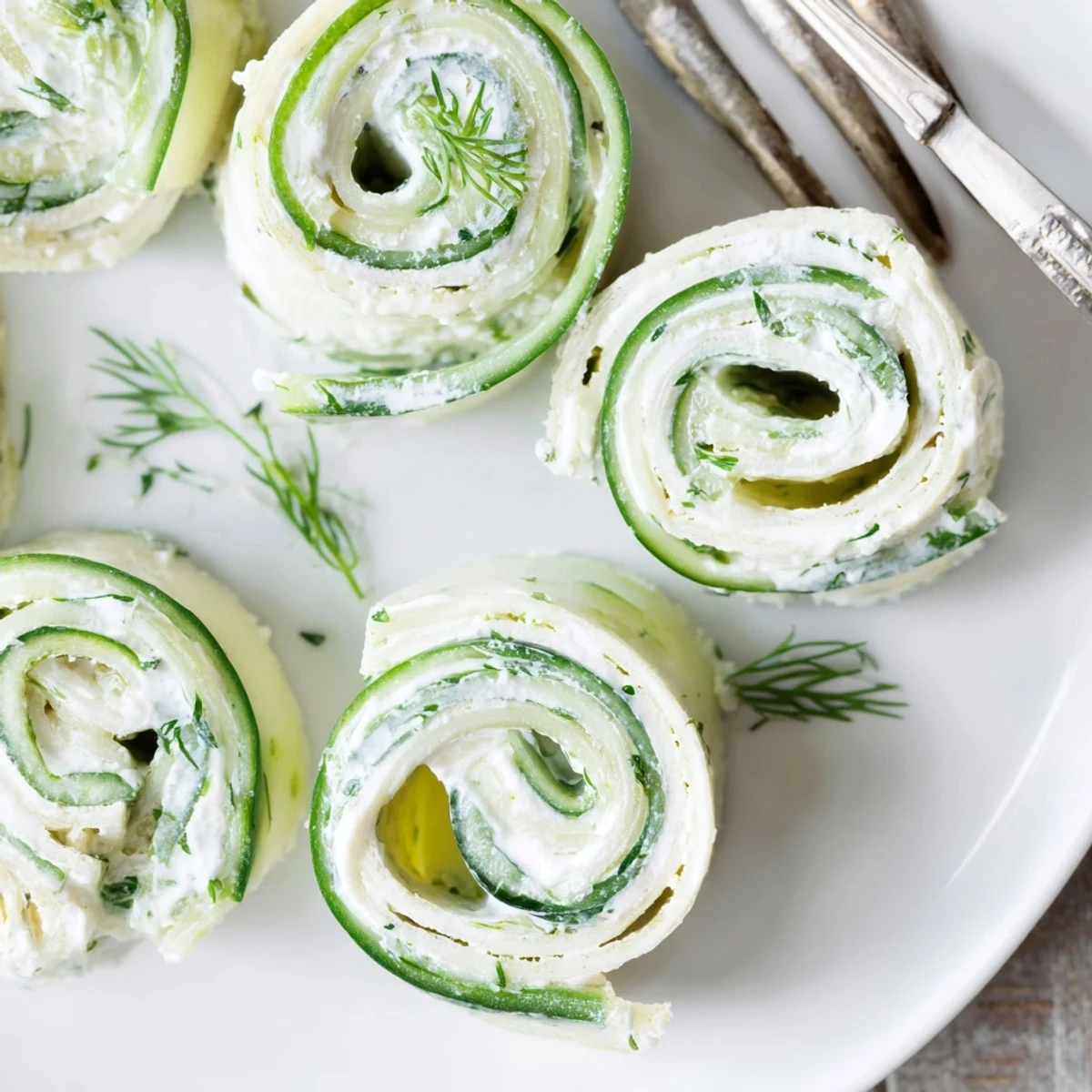 Chilled Cucumber And Dill Pinwheels, thin tortilla rolls sliced for party bites