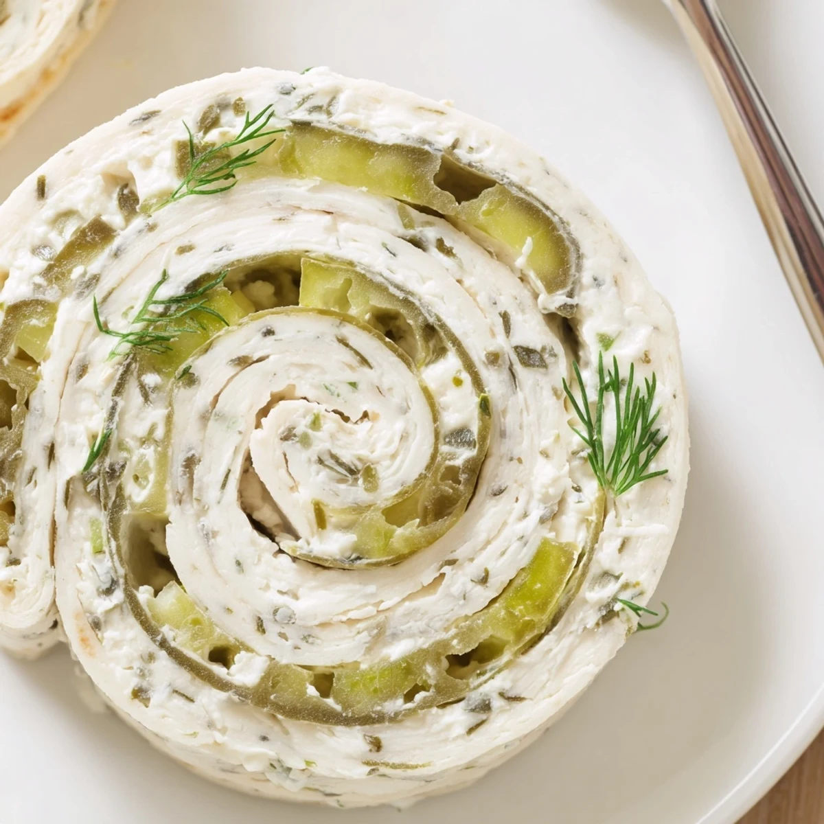 Creamy Pickle Dip Pinwheels chilled on platter, dill and green onions