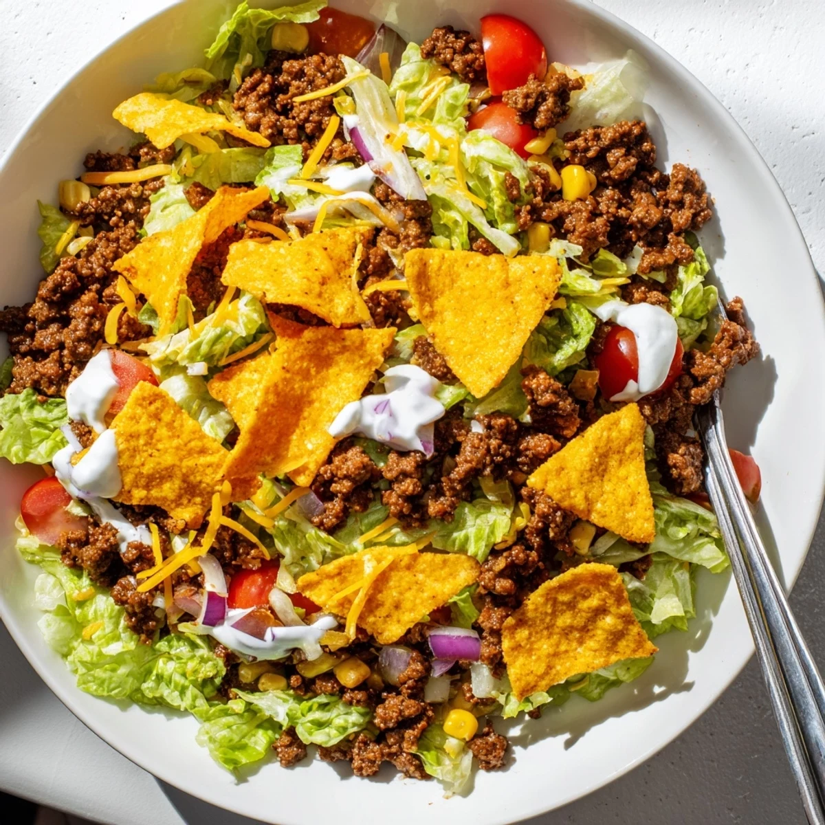 Simple Doritos Taco Salad piled high with crunchy chips, zesty seasoned beef