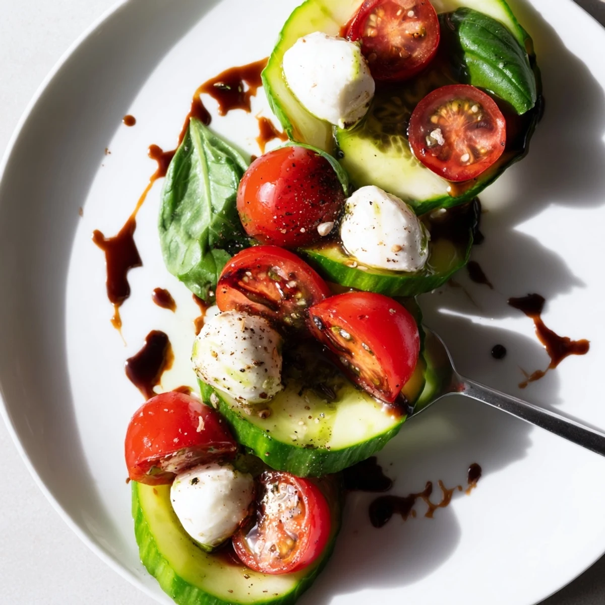 Juicy Cucumber Caprese Salad piled on a platter, basil scented, tomato bright
