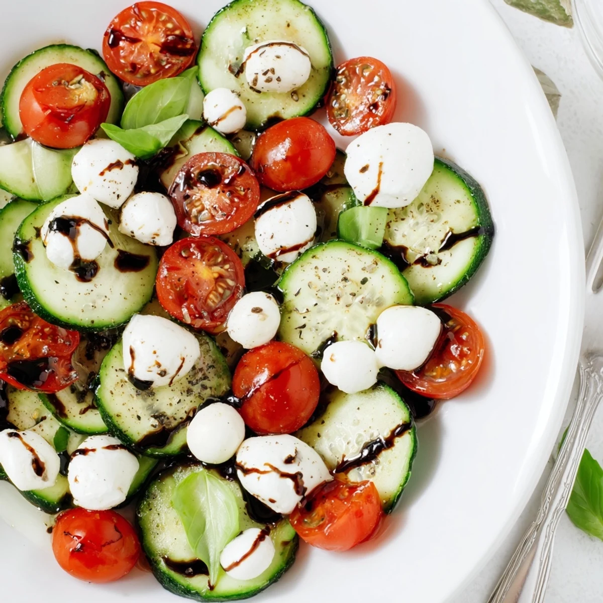 Chilled Juicy Cucumber Caprese Salad with creamy mozzarella, drizzled balsamic glaze