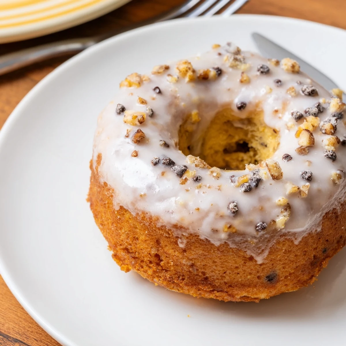 Fresh-baked Banana Donuts with cinnamon scent, served on a breakfast plate