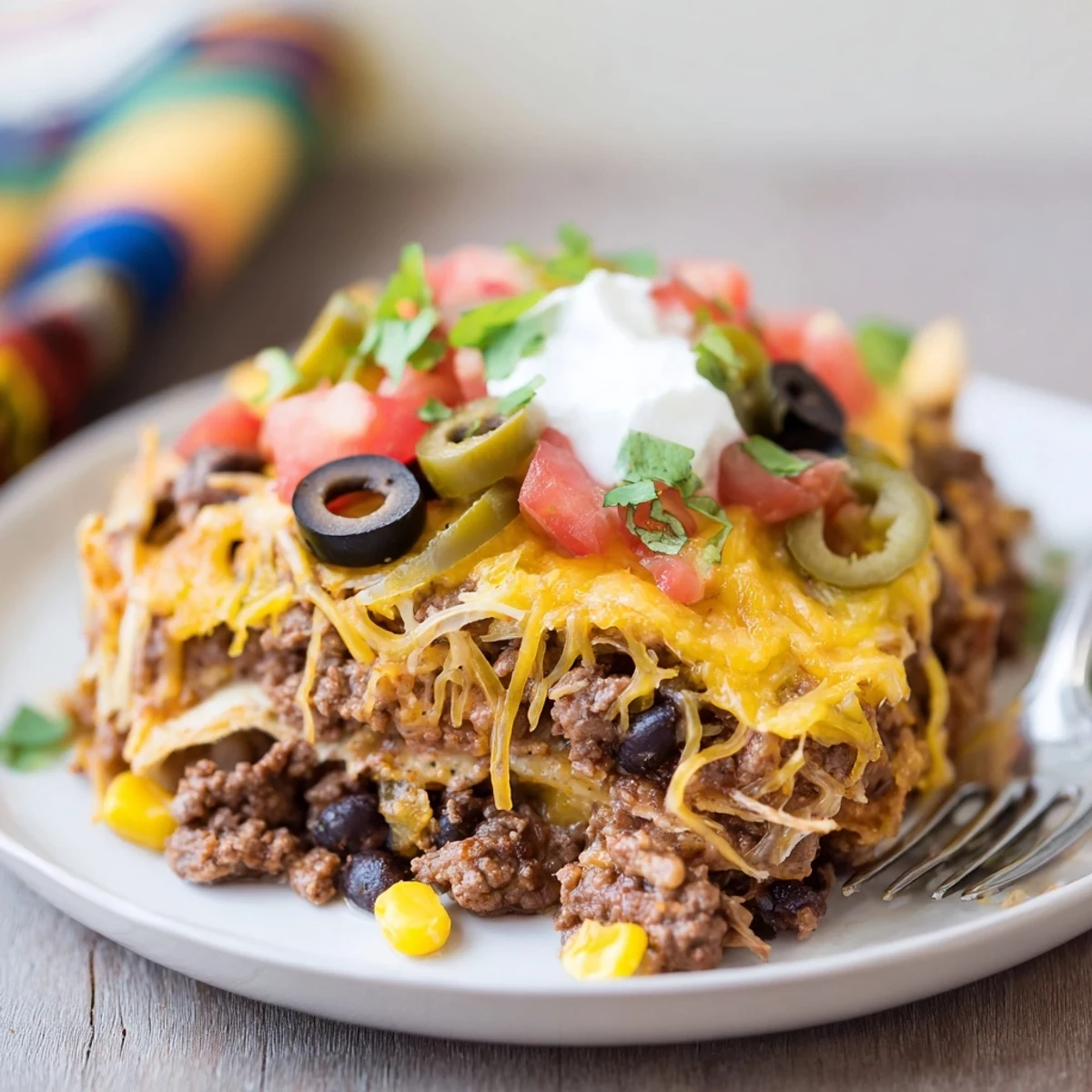 Cheesy Nacho Casserole bubbling golden, layered beef, chips, melted cheddar close-up