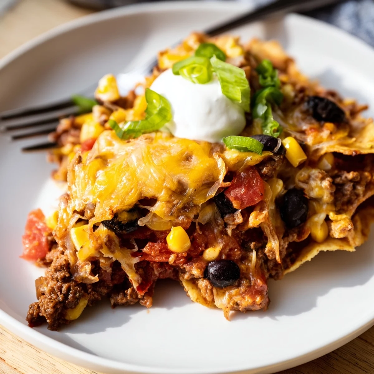 Oven-baked Cheesy Nacho Casserole: crunchy tortilla layers, seasoned beef, gooey cheese