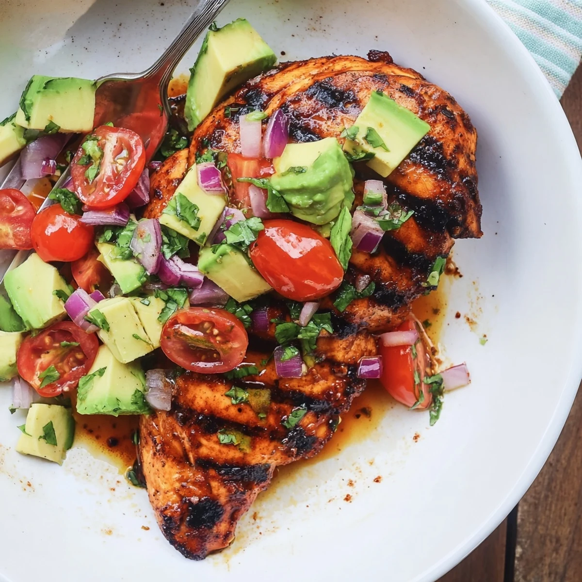 Grilled Fiesta Lime Chicken With Avocado topped with diced cilantro, lime wedge