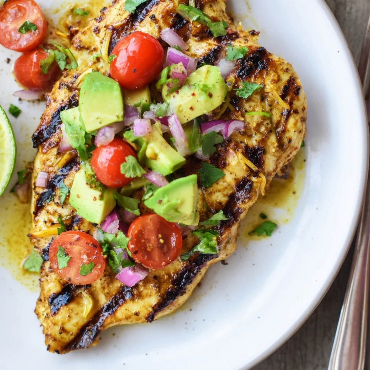 Charred Fiesta Lime Chicken With Avocado crowned by creamy tomato-cilantro salsa