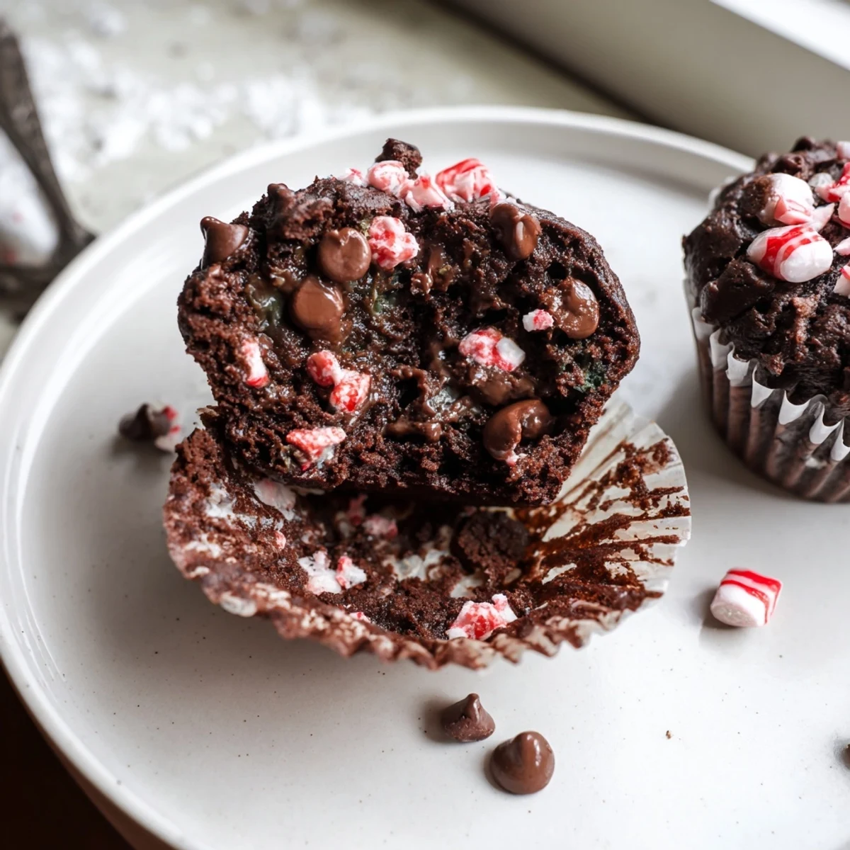 Plate of Peppermint Hot Chocolate Muffins served with whipped cream and cocoa