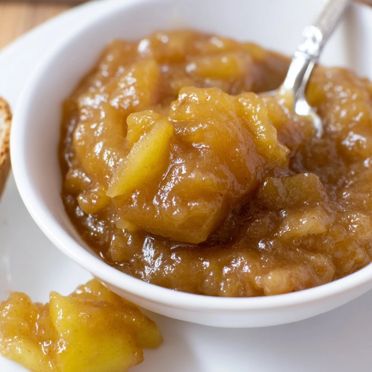 Warm Fall Caramel Apple Jam spooned over toast, buttery caramel swirls