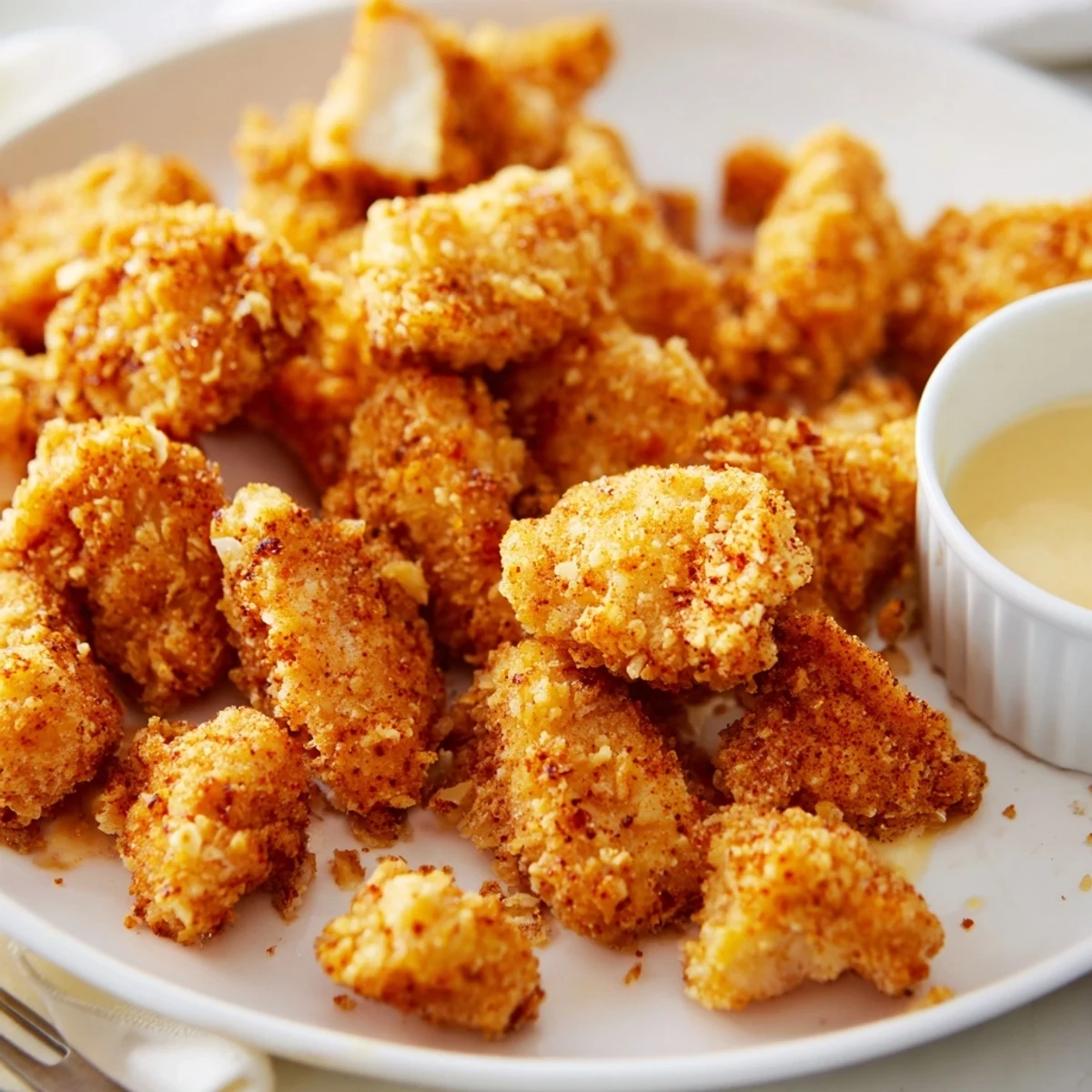 Crispy golden Chicken Bites piled on a plate with ranch dip