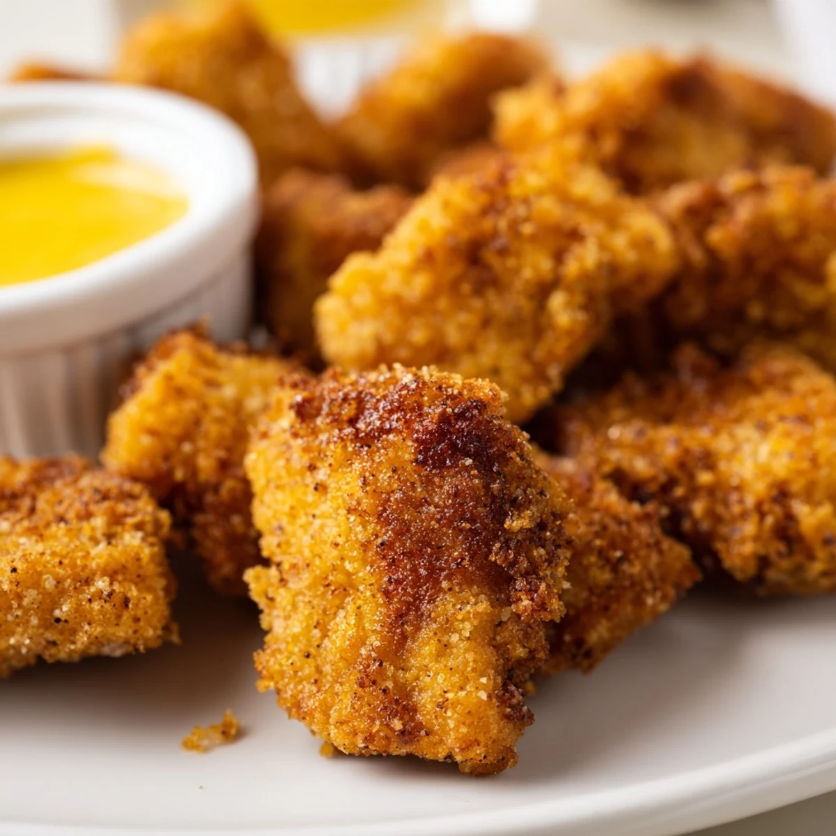 Airy steam rising from freshly fried Chicken Bites served hot