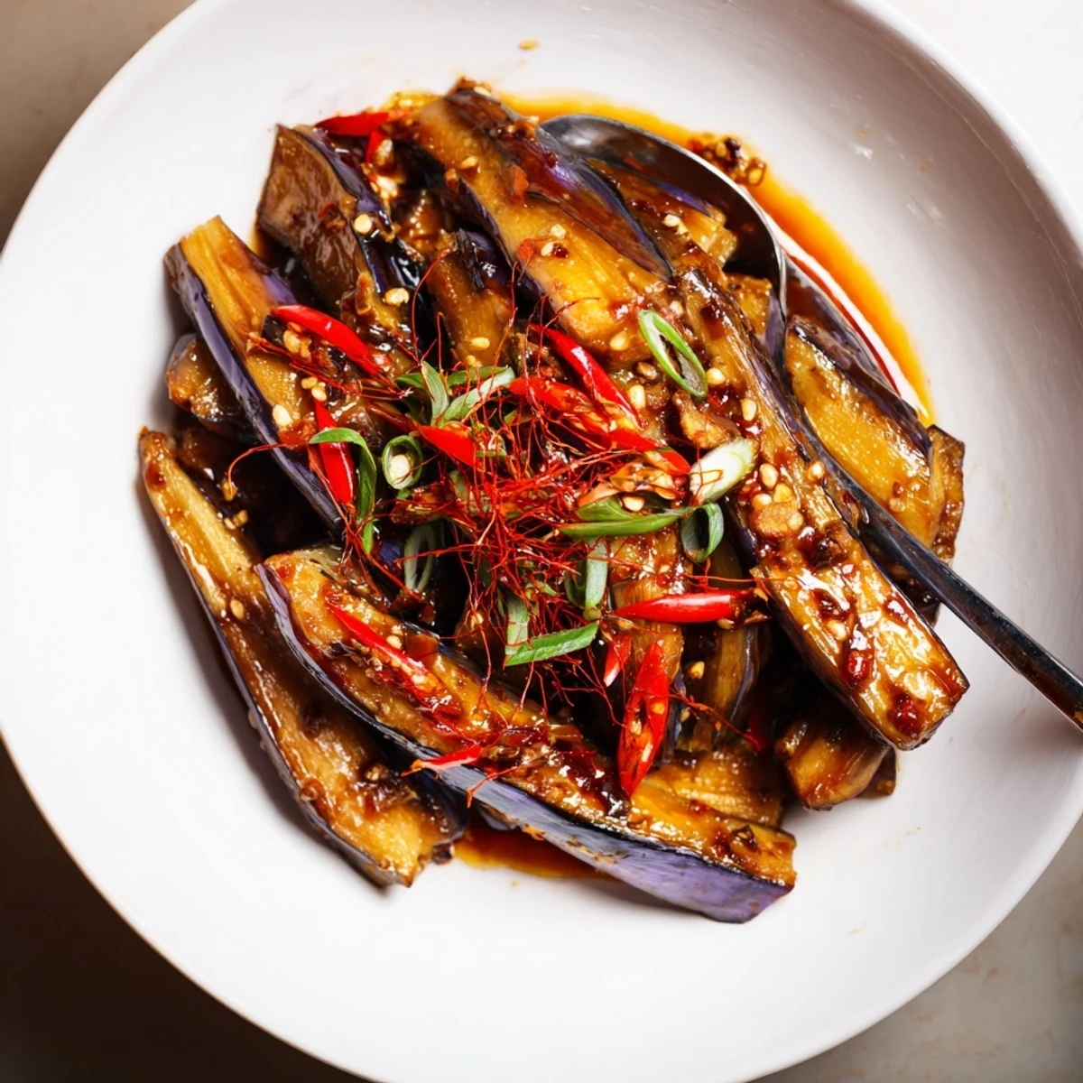 Sichuan Style Braised Aubergines glistening in spicy red sauce, garnished with scallions