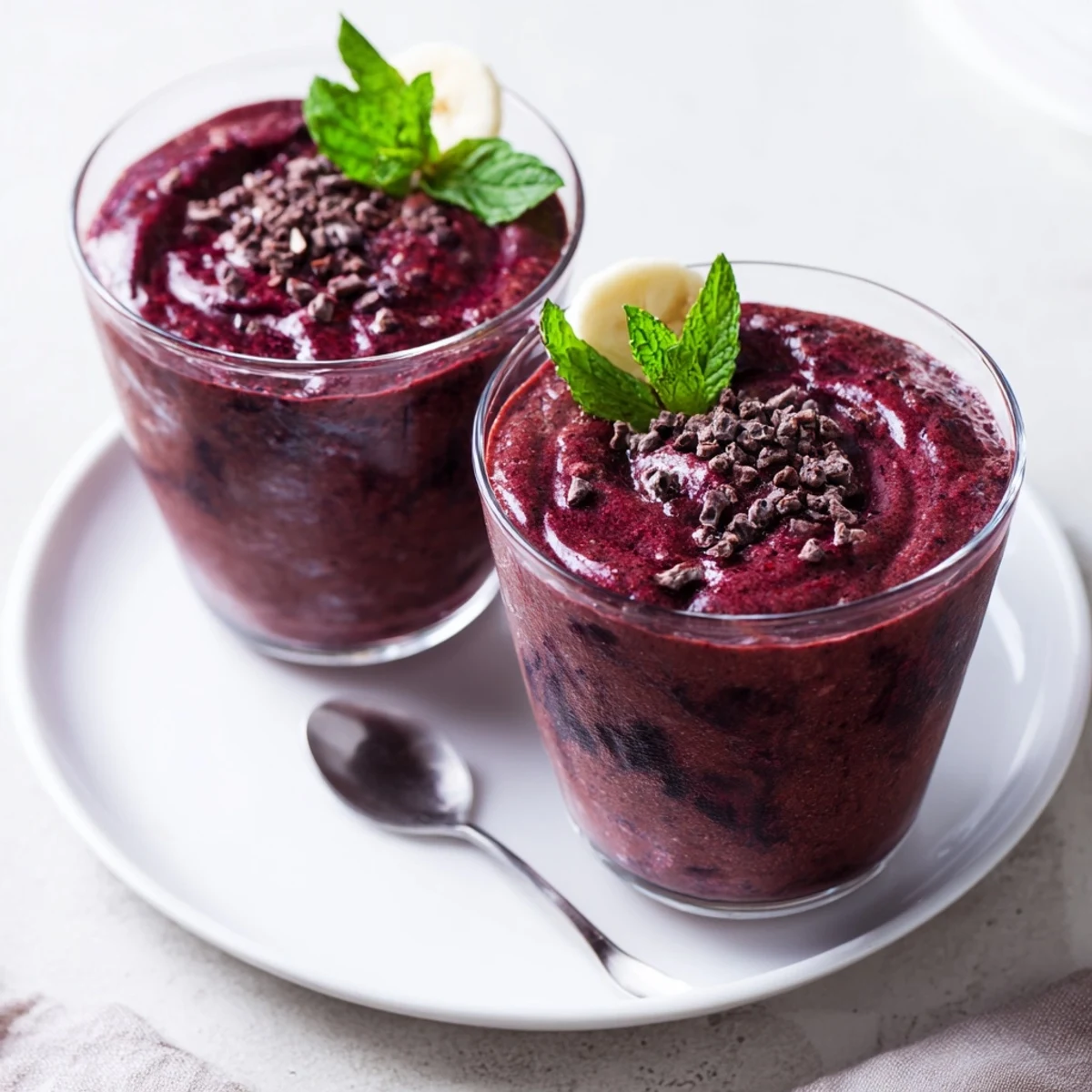 Chocolate Beet Smoothie poured into glass, creamy texture with cacao nib garnish