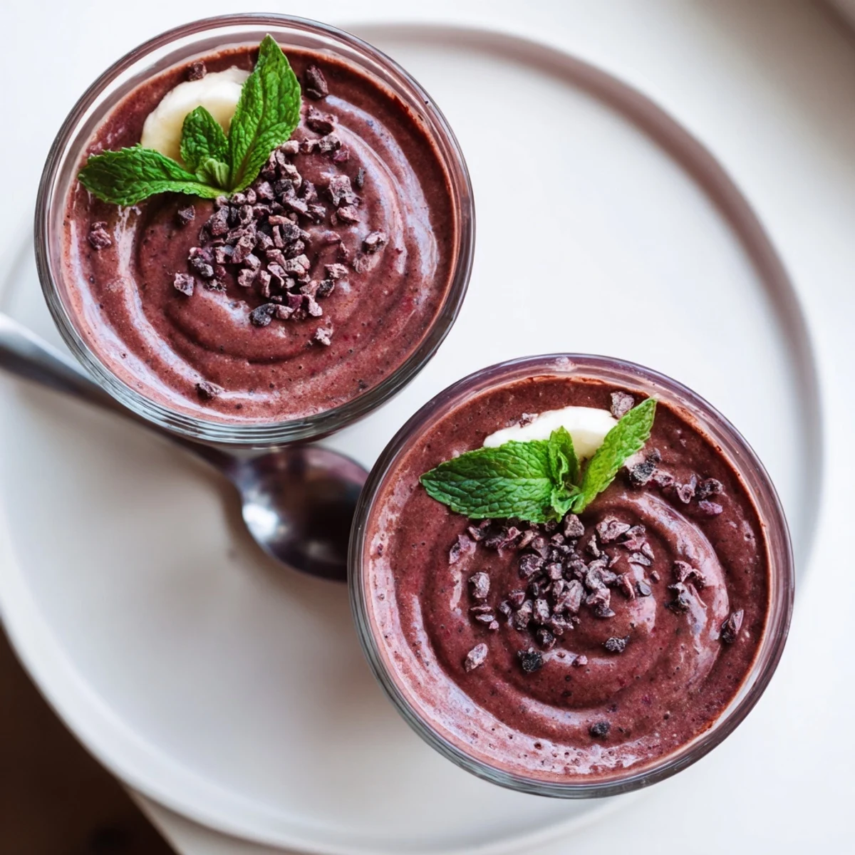 Velvety Chocolate Beet Smoothie beside fresh mint, chilled and bright pink