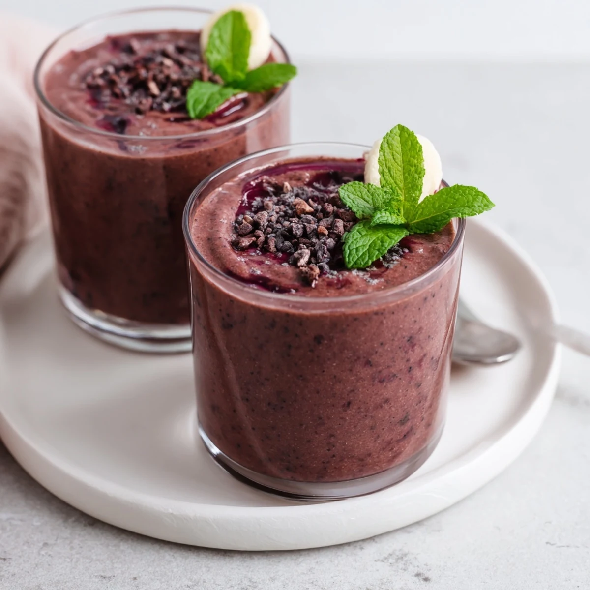 Homemade Chocolate Beet Smoothie with banana and almond milk, ready to serve