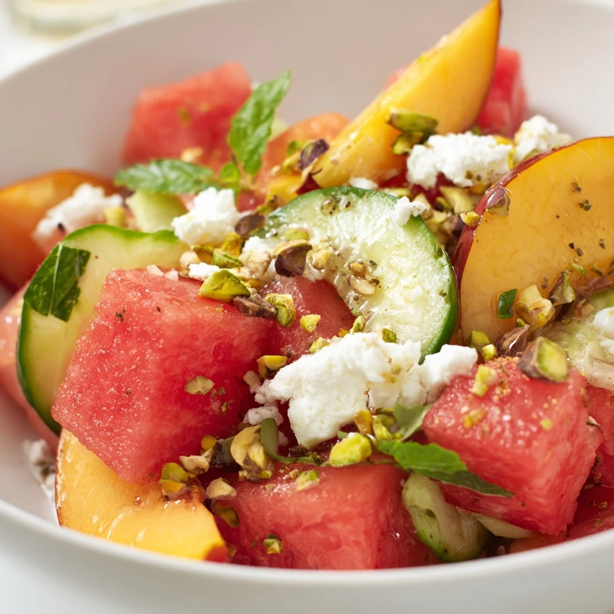 Summer Peach Watermelon Salad with juicy cubes and mint, served chilled