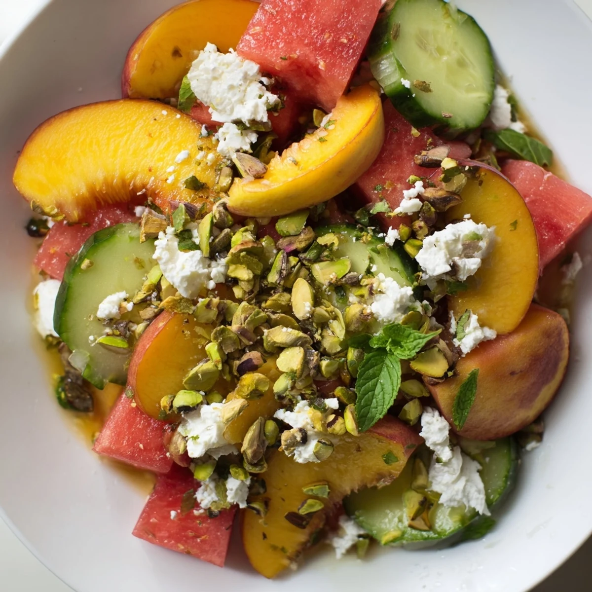 Bright Summer Peach Watermelon Salad tossed with honey-lime dressing and feta