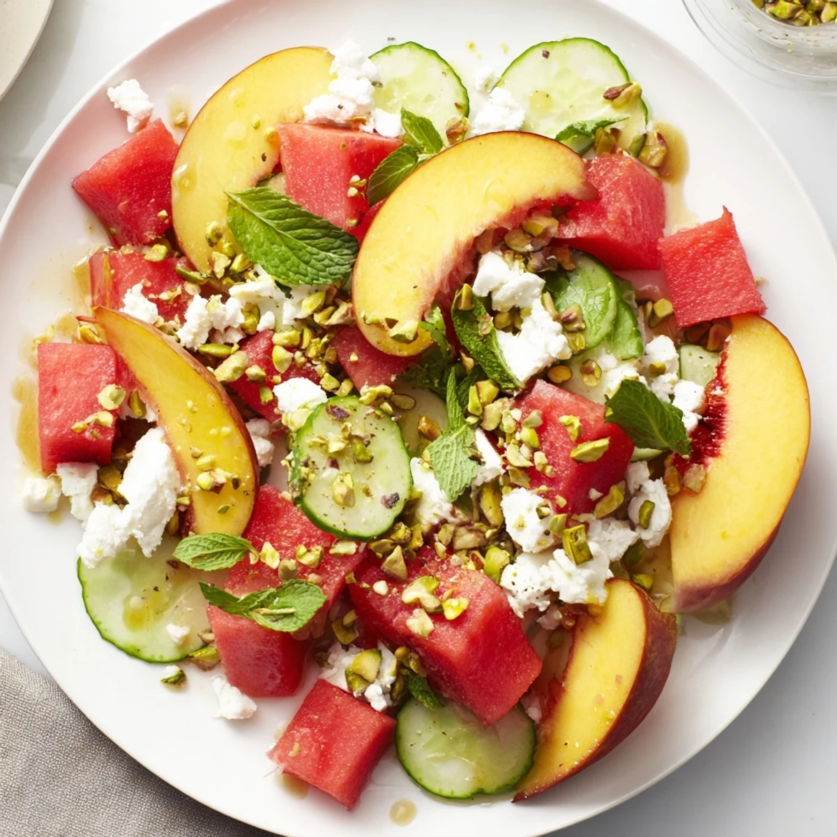 Bowl of Summer Peach Watermelon Salad garnished with basil, pistachios, lime
