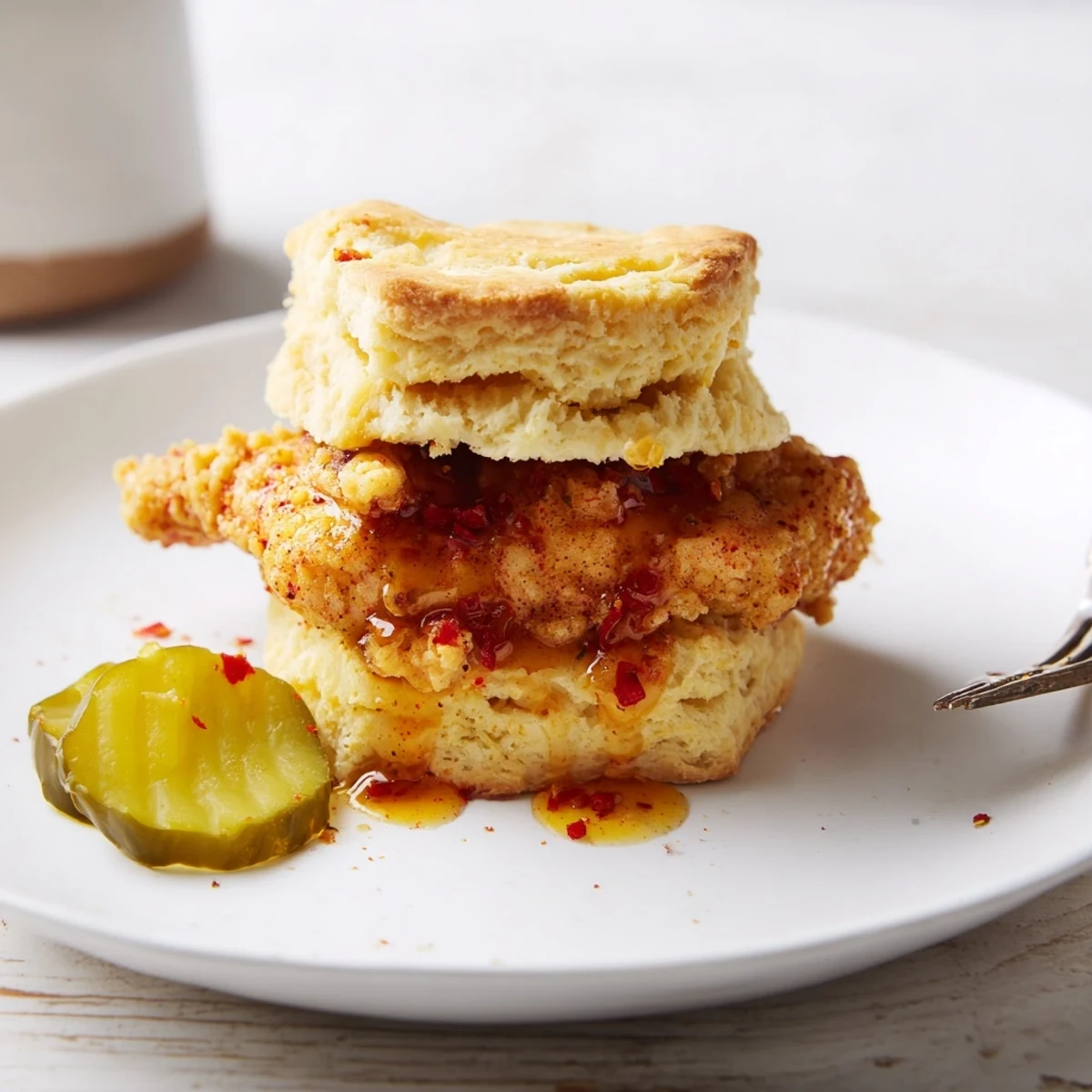 Hot Honey Chicken Biscuits with golden fried chicken and glossy honey drizzle.