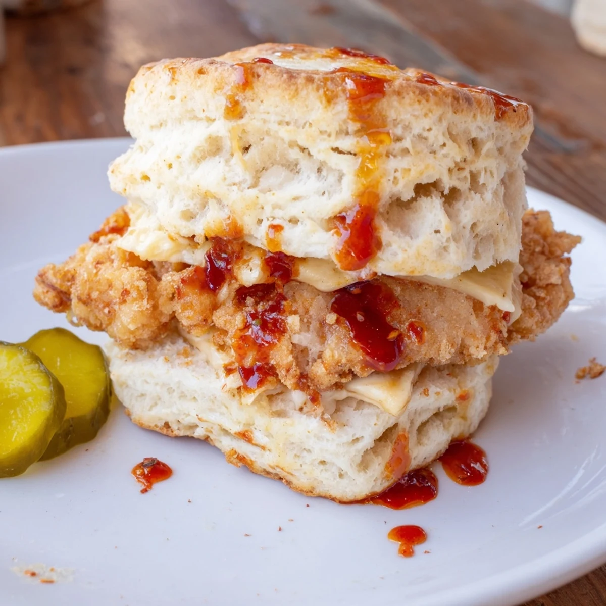 Warm Hot Honey Chicken Biscuits split open, flaky biscuit, spicy-sweet honey.